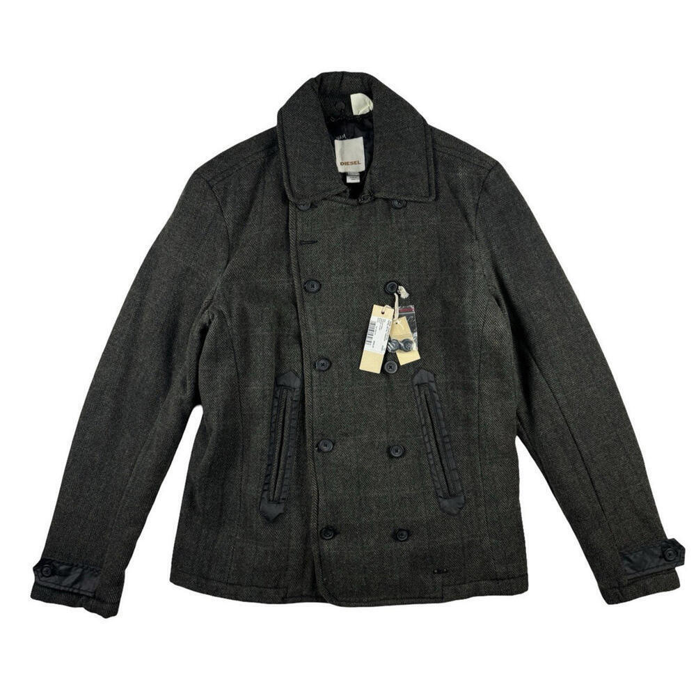 Diesel Wool Blend Warner Jacket Pea Coat Herringbone Brown Size L